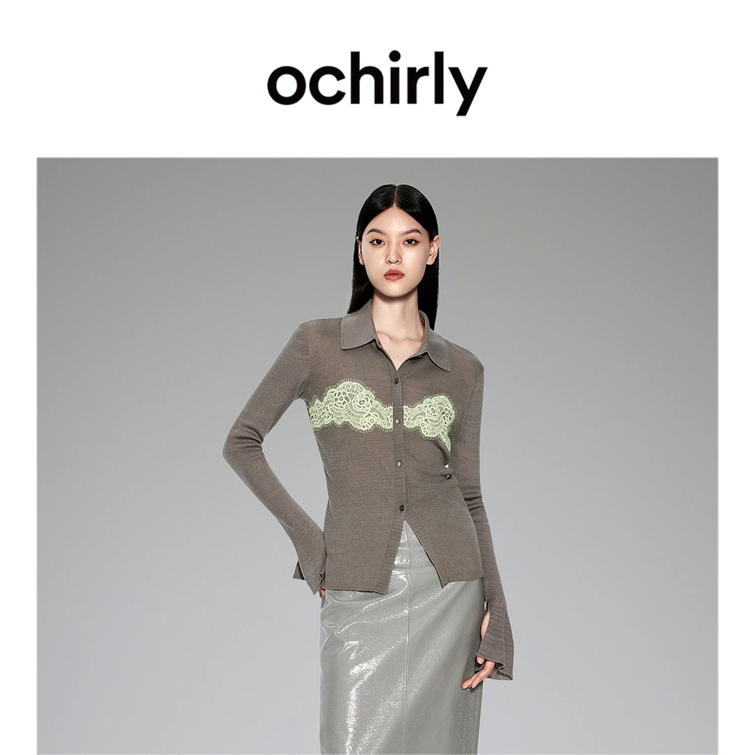 ochirly欧时力 绵羊毛抗菌珍珠纤维毛衣女秋冬Polo领修身格雷系