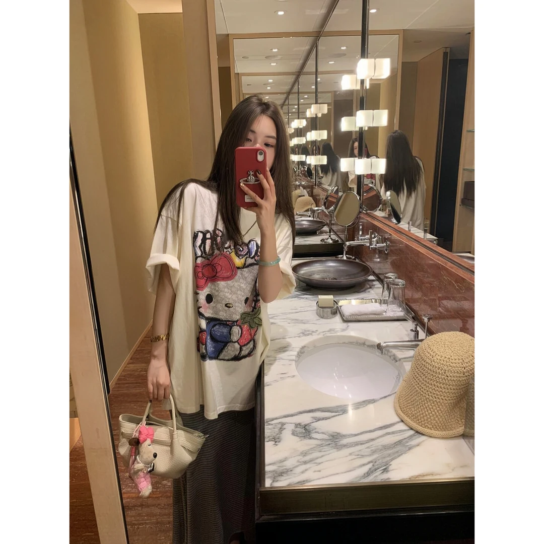 SUMBUR夏季卡通印花t恤女短袖宽松显瘦休闲慵懒风百搭纯棉上衣服