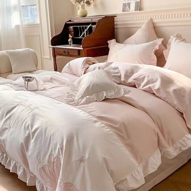 少女心100支澳棉四件套全棉纯棉床单花卉刺绣被套床上用品韩版