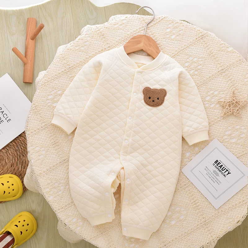 婴儿连体衣长袖秋冬季新生儿夹棉保暖哈衣爬服初生宝宝纯棉秋冬款