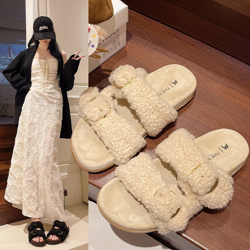 毛毛鞋金属扣一字露趾拖鞋勃肯鞋外穿女鞋2025新款毛毛拖厚底懒人