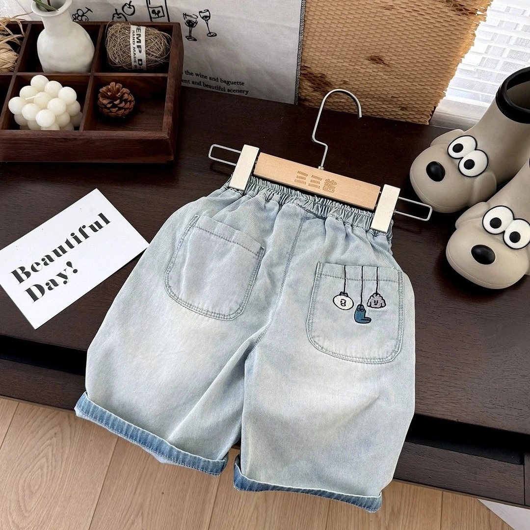 男童浅蓝软牛仔中裤宝宝刺绣五分裤儿童夏季薄款女小童夏天裤子