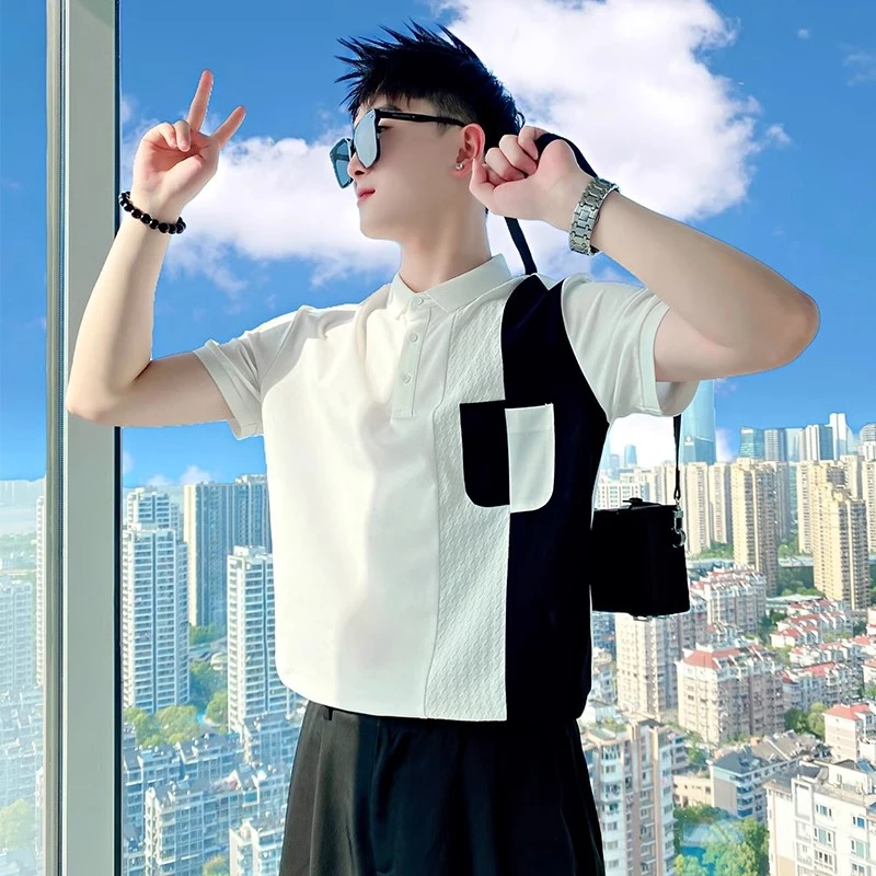 黑白撞色口袋短袖POLO衫男潮牌ins半袖体恤2025新款夏季痞帅气T恤