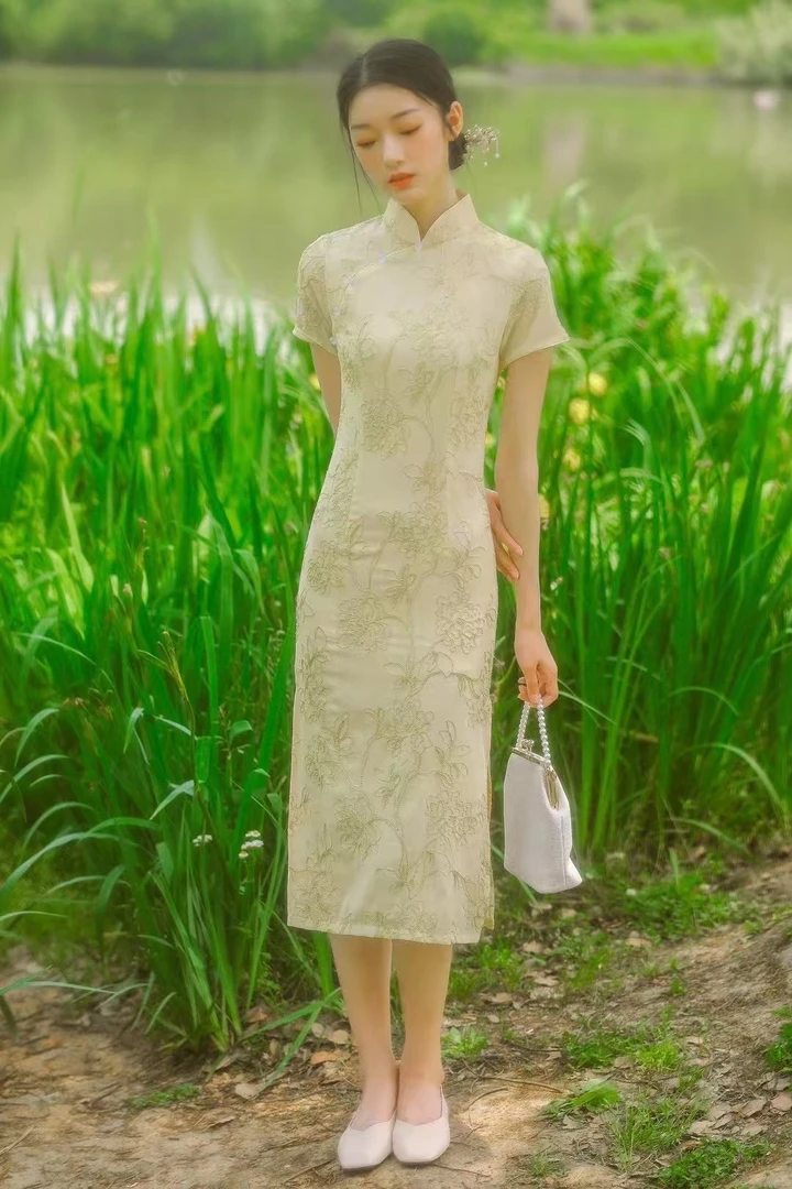 V-2362流连雪纺剪花金线绣花夏款年轻款改良旗袍115cm长款国风