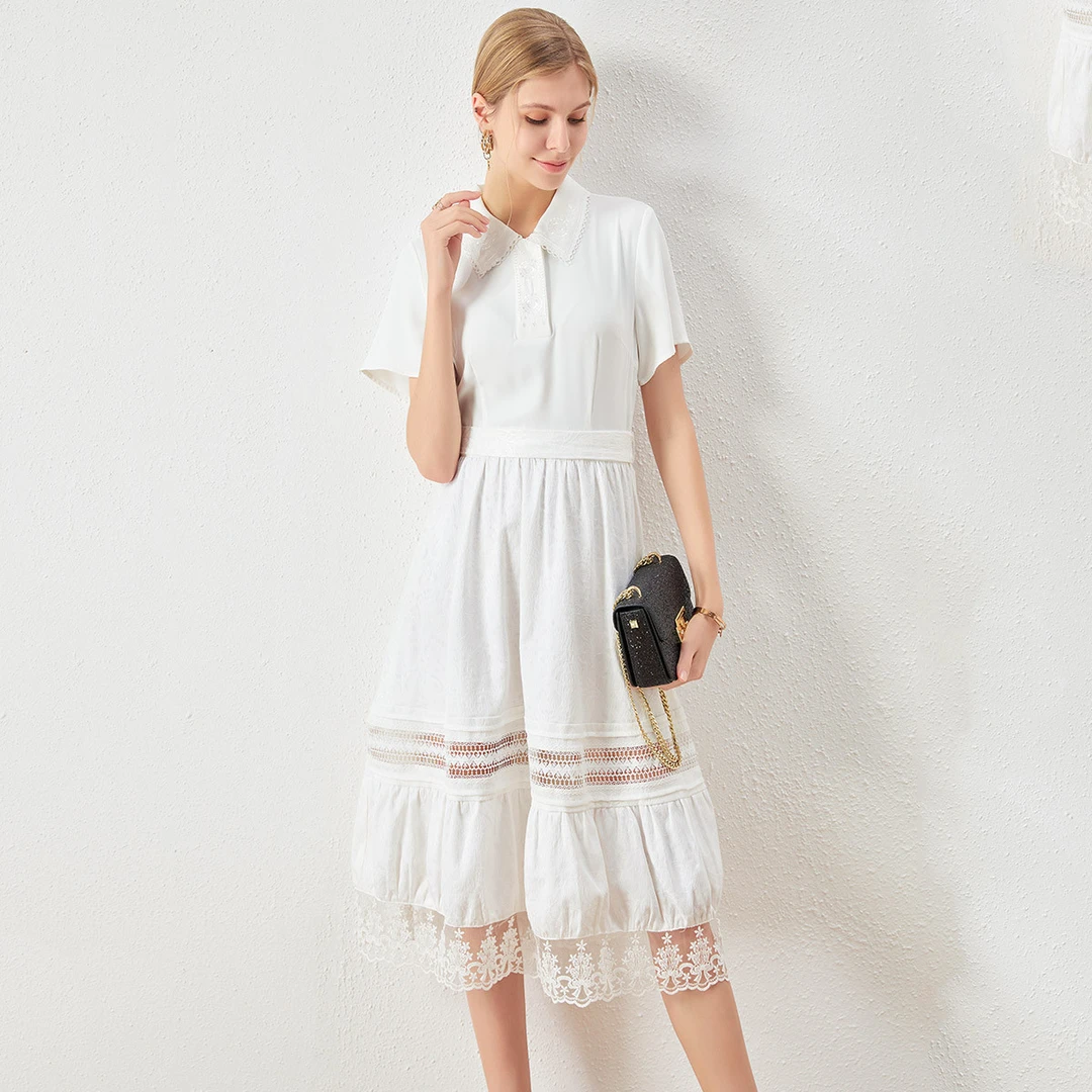 夏季设计感气质翻领刺绣拼接蕾丝连衣裙系带收腰裙子22SAQ9264BS