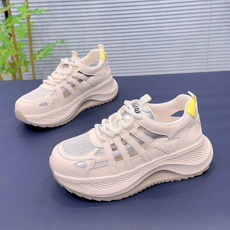 万达撤柜头层牛皮夏季镂空透气厚底运动鞋2025新款女鞋爆款小白鞋