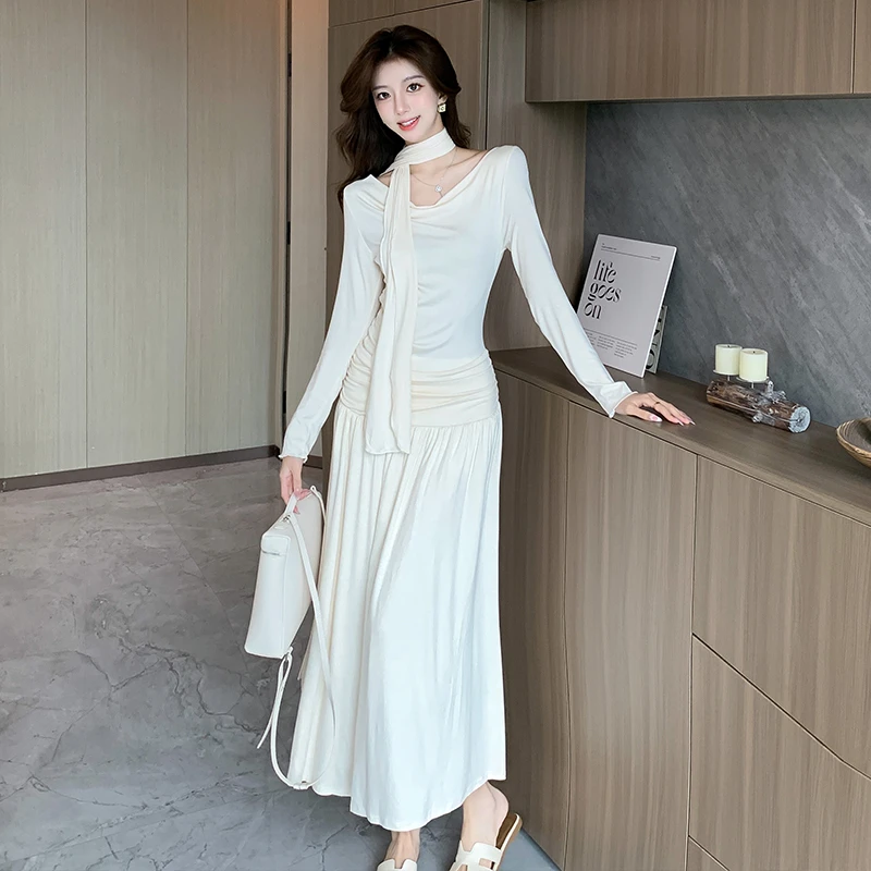 实拍2025春夏慵懒风荡领长袖挂脖连衣裙女收腰气质设计感小众长裙