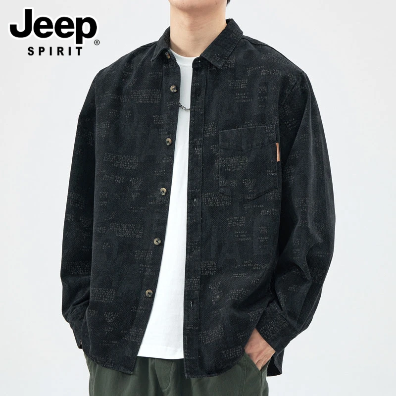 JEEPSPIRIT吉普男士休闲复古长袖衬衫春季潮流时尚百搭印花男外套
