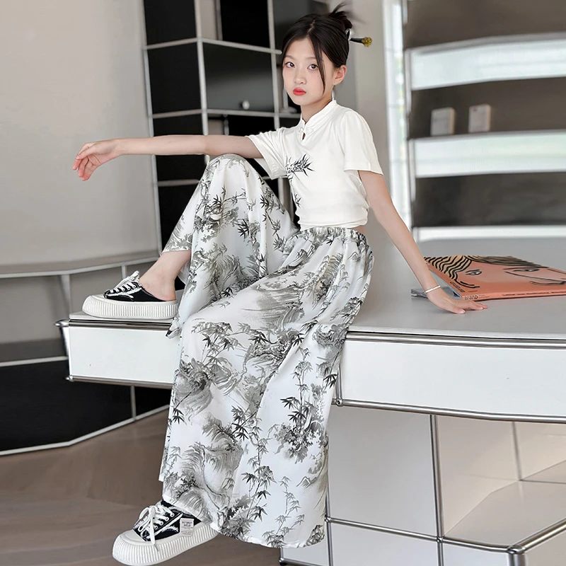 女童夏季薄款套装2025新款中式国风女孩短袖阔腿裤两件套