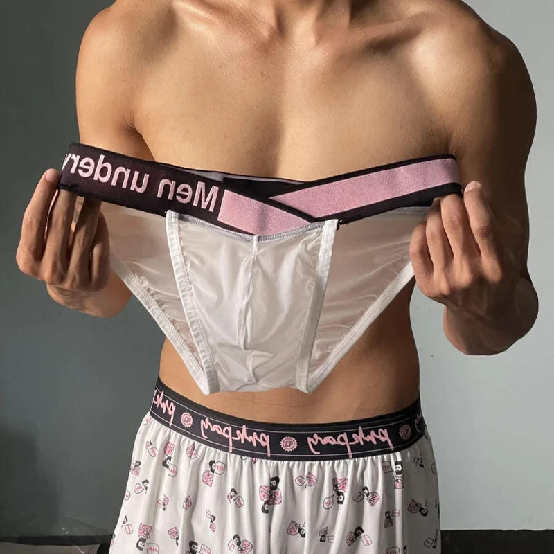 男士三角裤V腰带超薄001冰丝内裤透明性感U凸显大男运动透气短裤