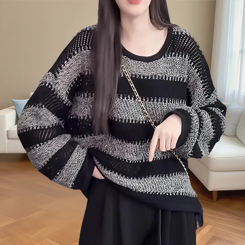 复古风ins简约条纹圆领毛衣女秋季款宽松时髦老钱风撞色针织衫女