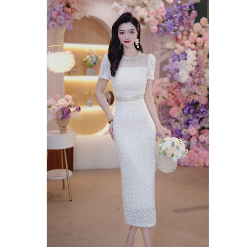 2025夏季时尚轻奢设计师镶钻网纱蕾丝气质法式短袖连衣裙6193