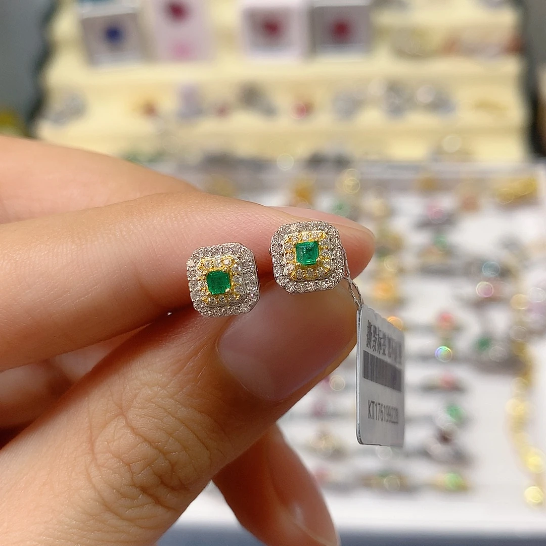 祖母绿耳钉银S925镶嵌