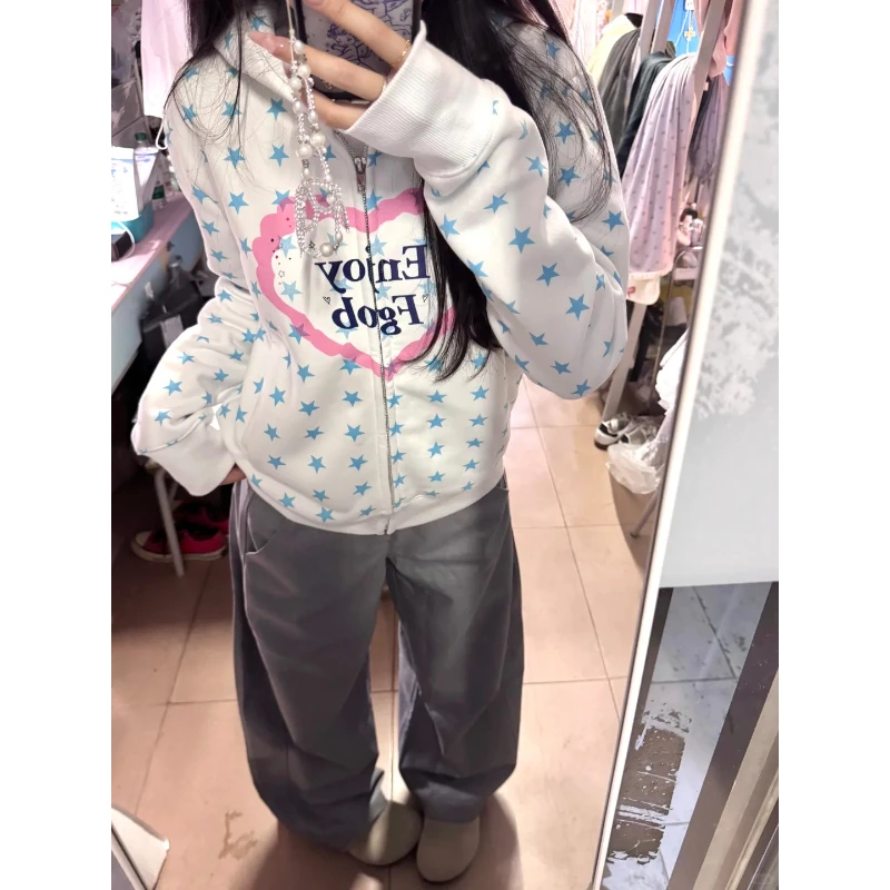 满印星星印花字母时尚休闲卫衣百搭开衫拉链连帽美式复古潮牌ins