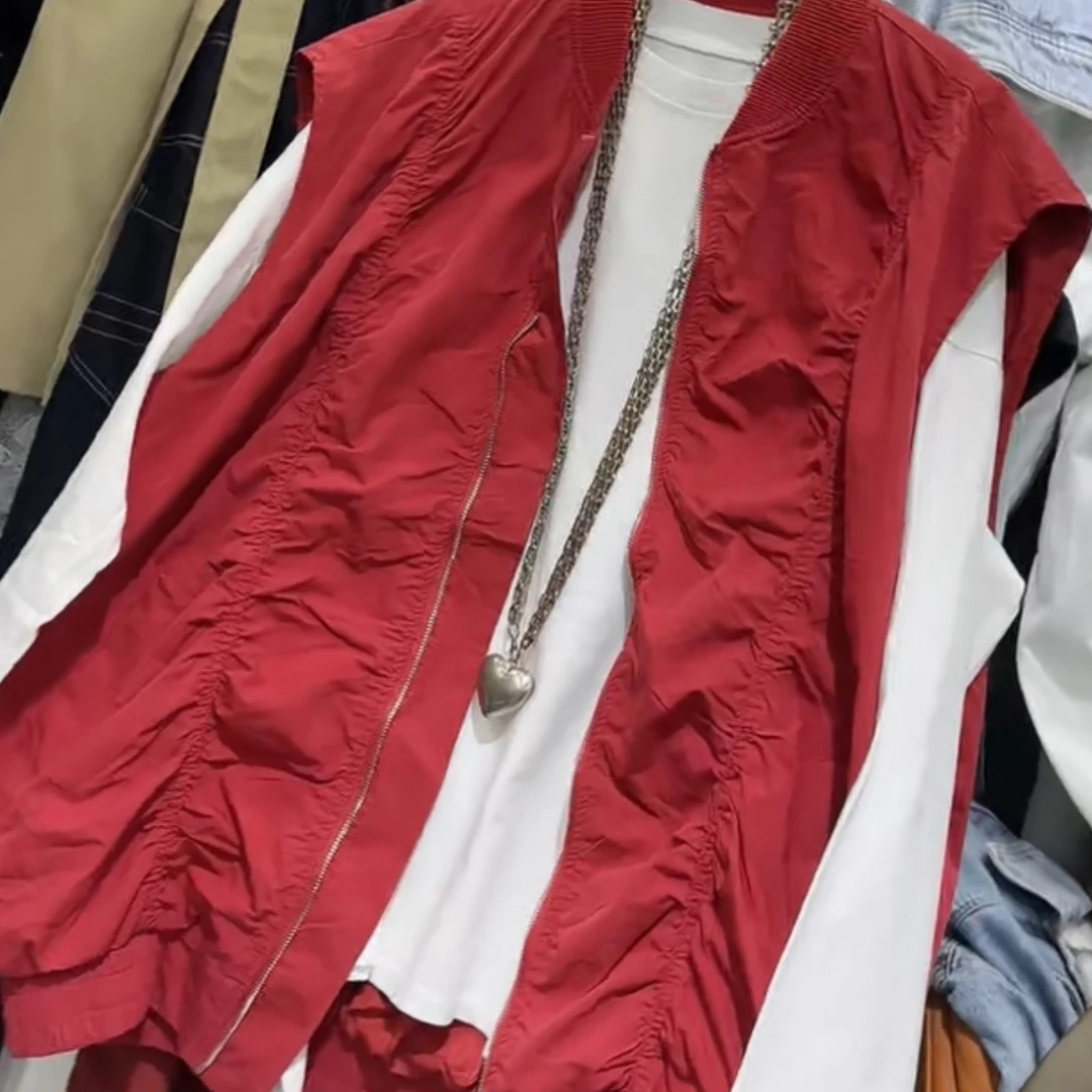 高品质休闲百搭拉链马甲马夹极简风宽松型女潮流褶皱