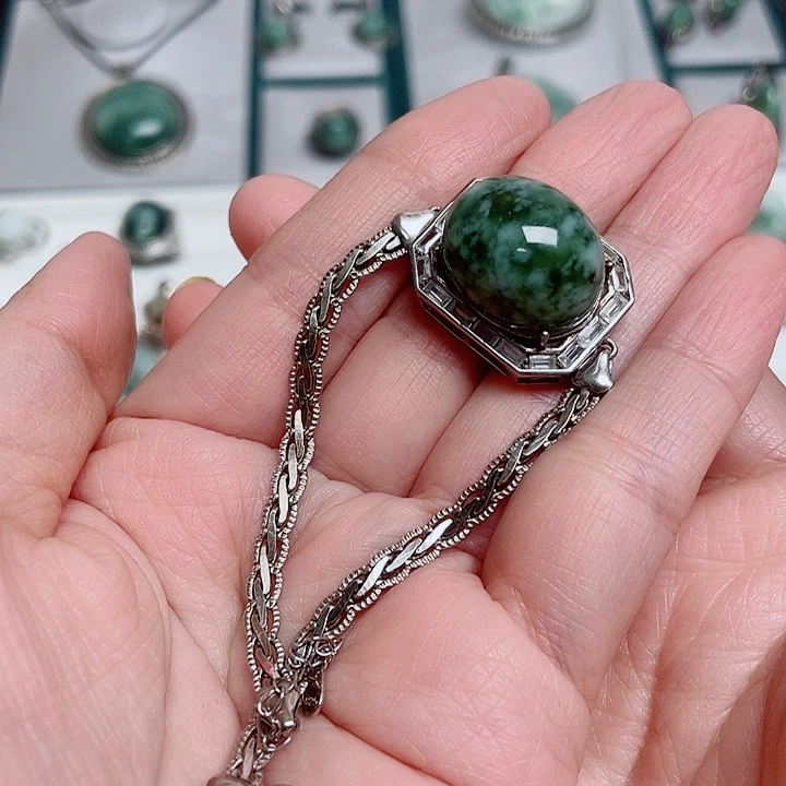 透闪石-蛇纹石玉银S925镶嵌手牌