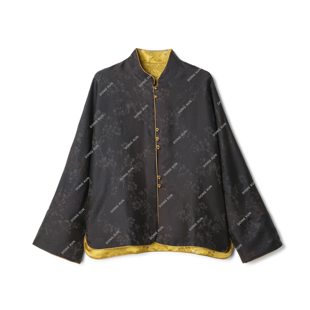 【花】百分百桑蚕丝香云纱国风双面穿金小花中国风外套