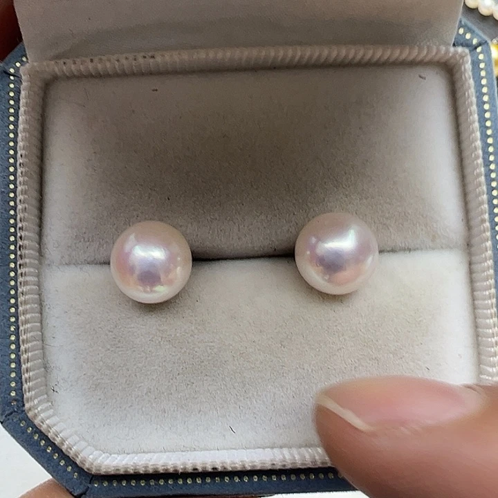 淡水珍珠18K金镶嵌耳钉18K海水akoya珍珠耳钉9mm