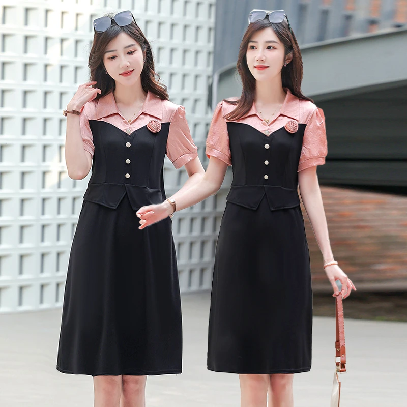 法式高弹力短袖中腰连衣裙夏装大码时尚拼接裙子收腰显瘦中长裙