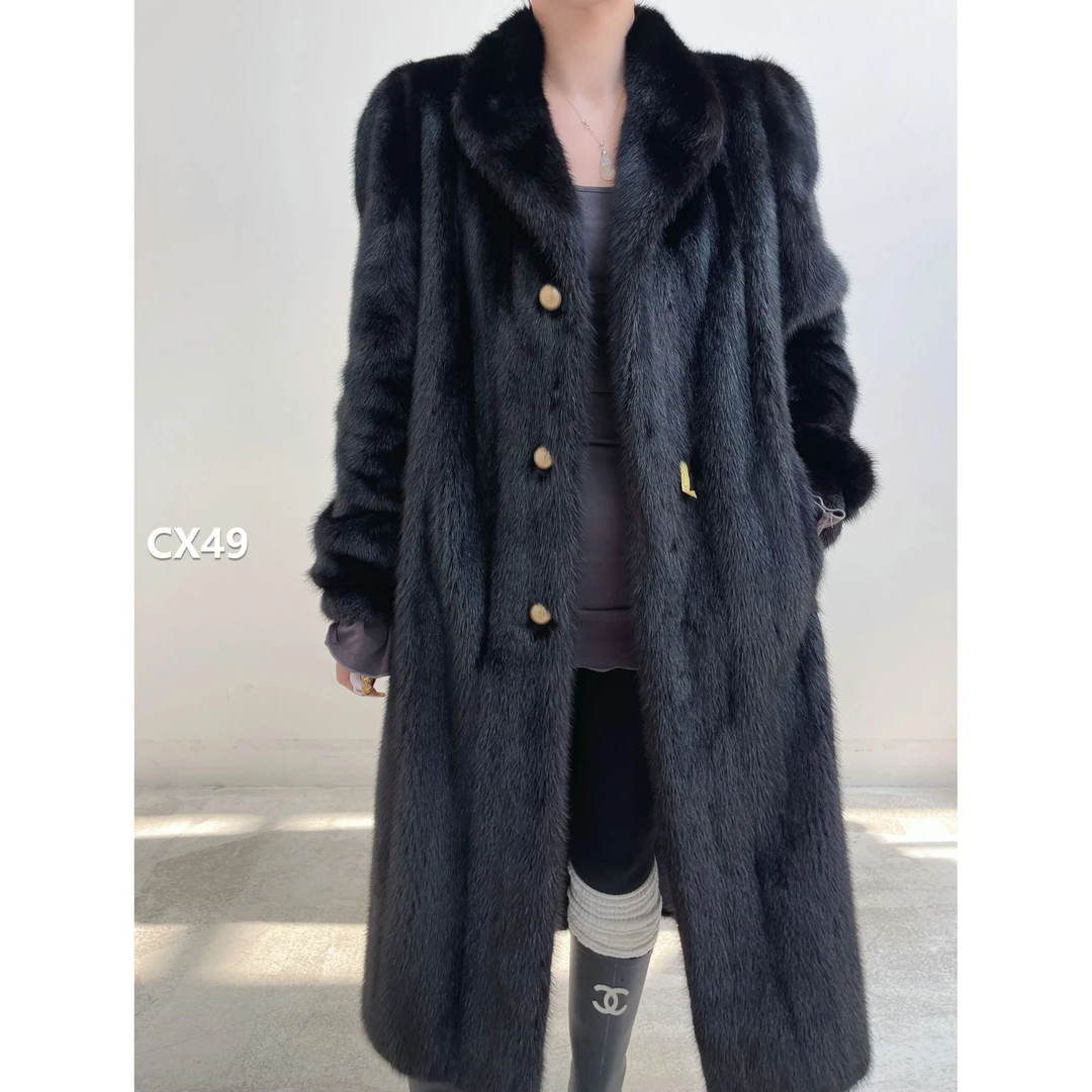 XXXX【CX49】XL码 本黑色超长款全抽貂皮大衣（肩42胸112衣115袖62）