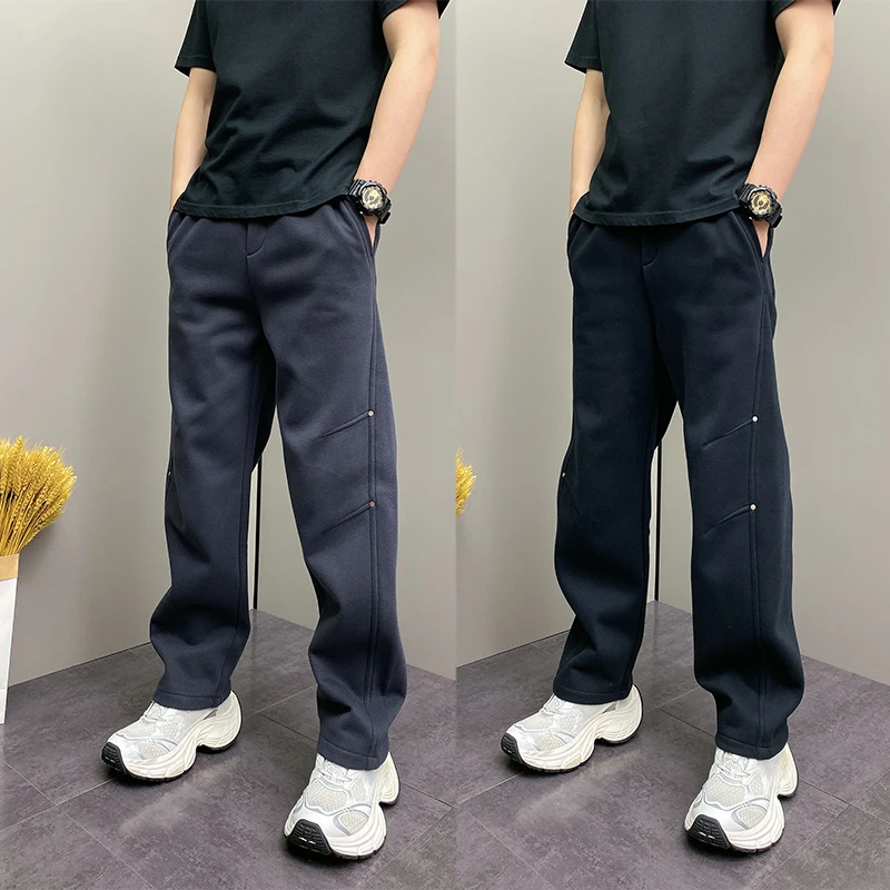 秋冬加绒保暖卫裤男简约运动风宽松直筒潮牌松紧腰抽绳休闲长裤男