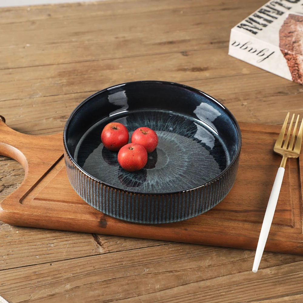 7英寸窑变蓝线条深盘微瑕