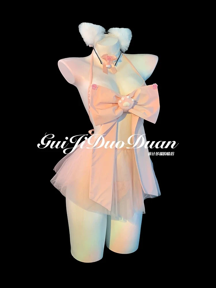 美少女【80-200斤】ins蜜桃粉色可爱铃铛美背喵系甜美性感气质睡裙