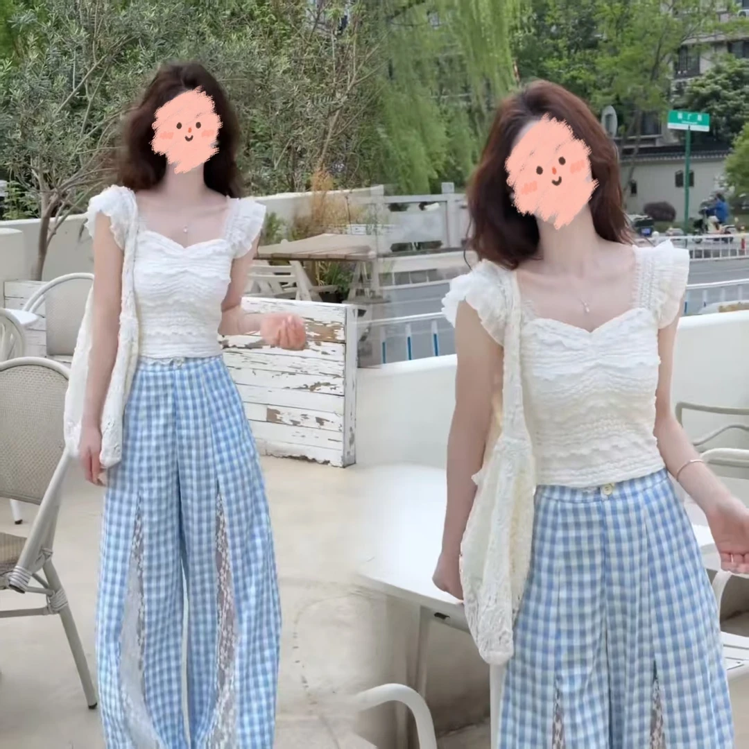 2025夏季新款法式绝美气质修身辣妹上衣蕾丝格纹阔腿裤两件套女装