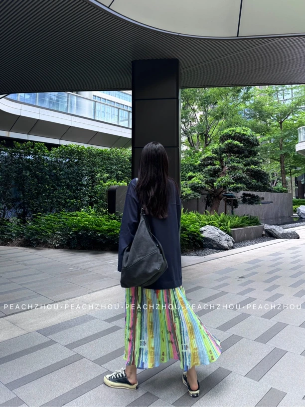 『PEACHZHOU』褶皱彩色印花拼接假两件叠穿宽松圆领长袖T恤连衣裙女