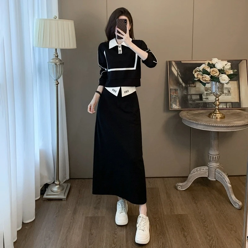 今年流行秋冬新款黑色假两件上衣半身裙子两件套休闲运动套装女装