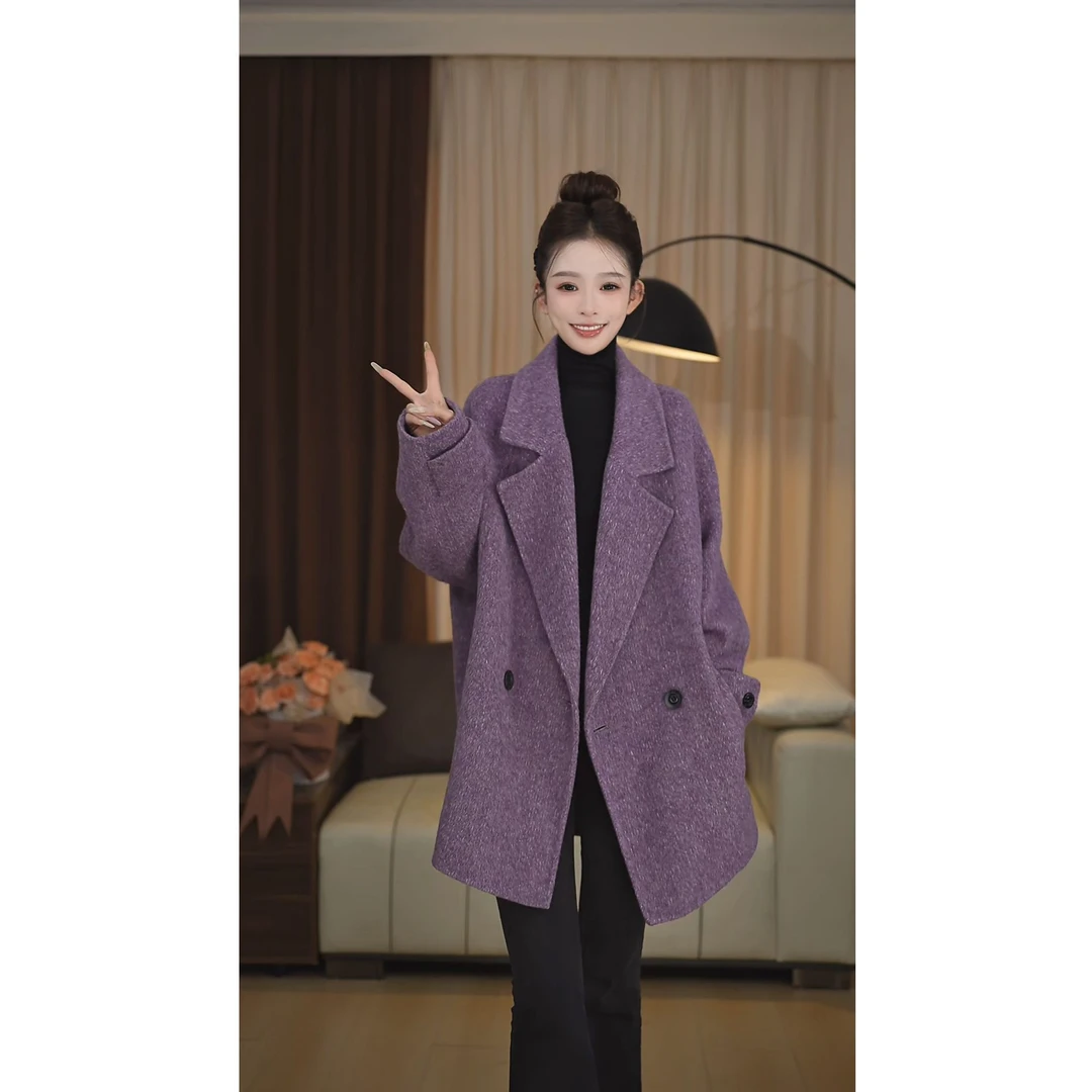 【雅婷】西装领厚款高品短款秋冬毛呢外套宽松设计师双排扣25527
