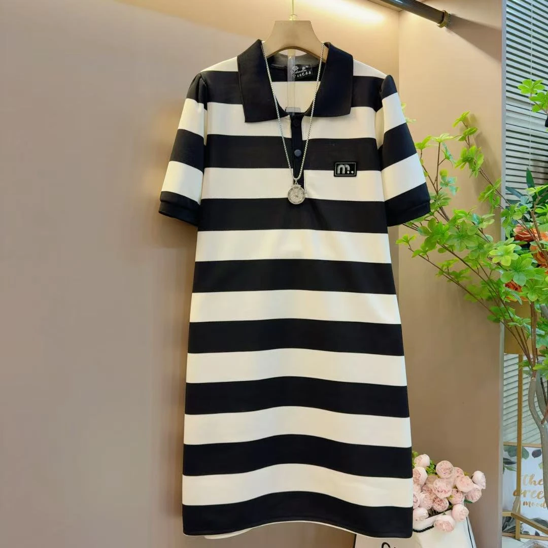 时尚欧洲站新款翻领显瘦条纹百搭显瘦连衣裙（长93左右）