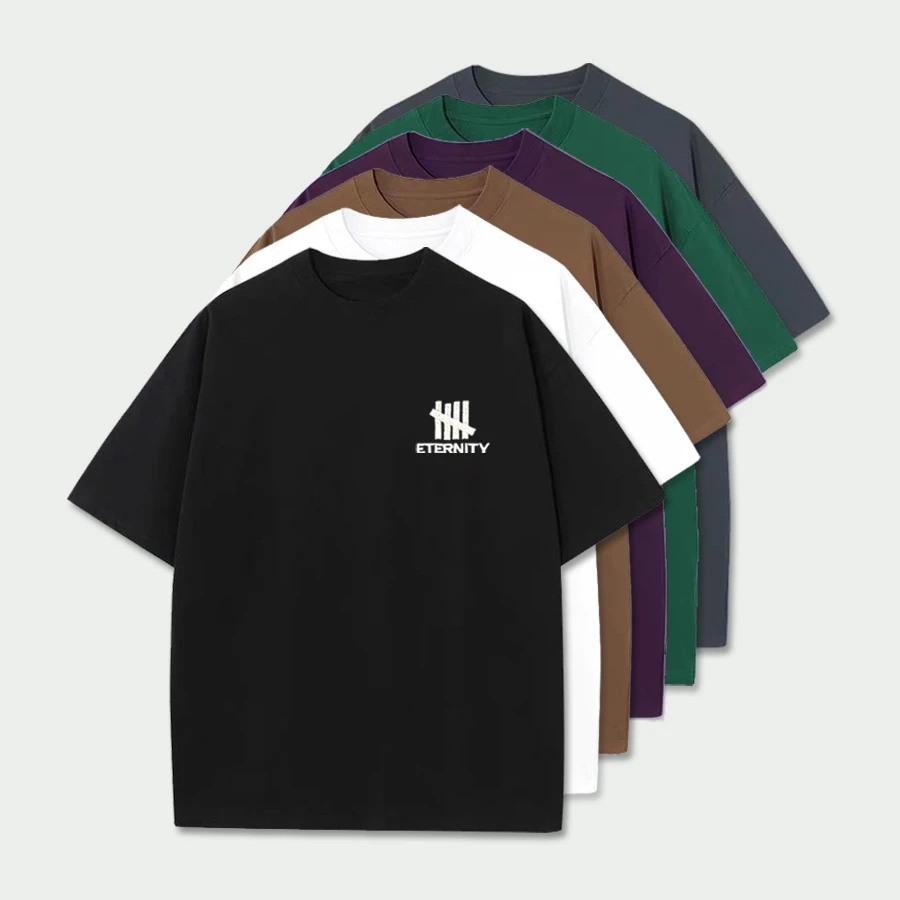 潮牌T恤 刺绣竖条 印花短袖T恤衫纯棉重磅落肩休闲圆领上衣503041