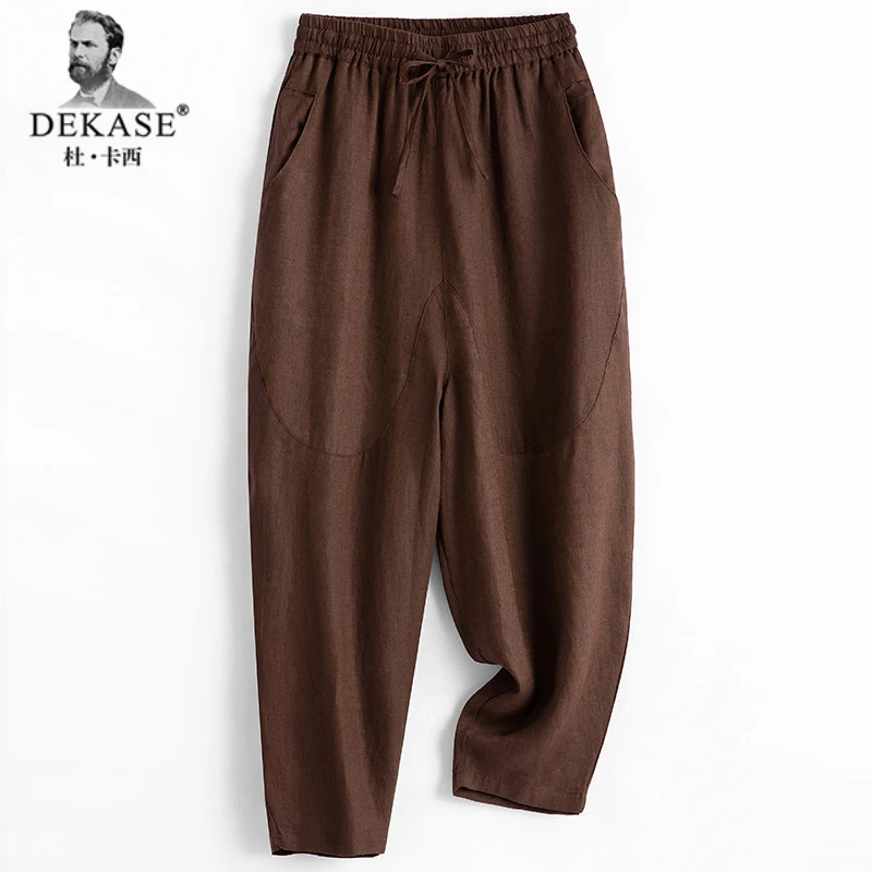 Dekase 亚麻九分裤子男夏季薄款宽松裤韩版潮流哈伦裤中年男裤