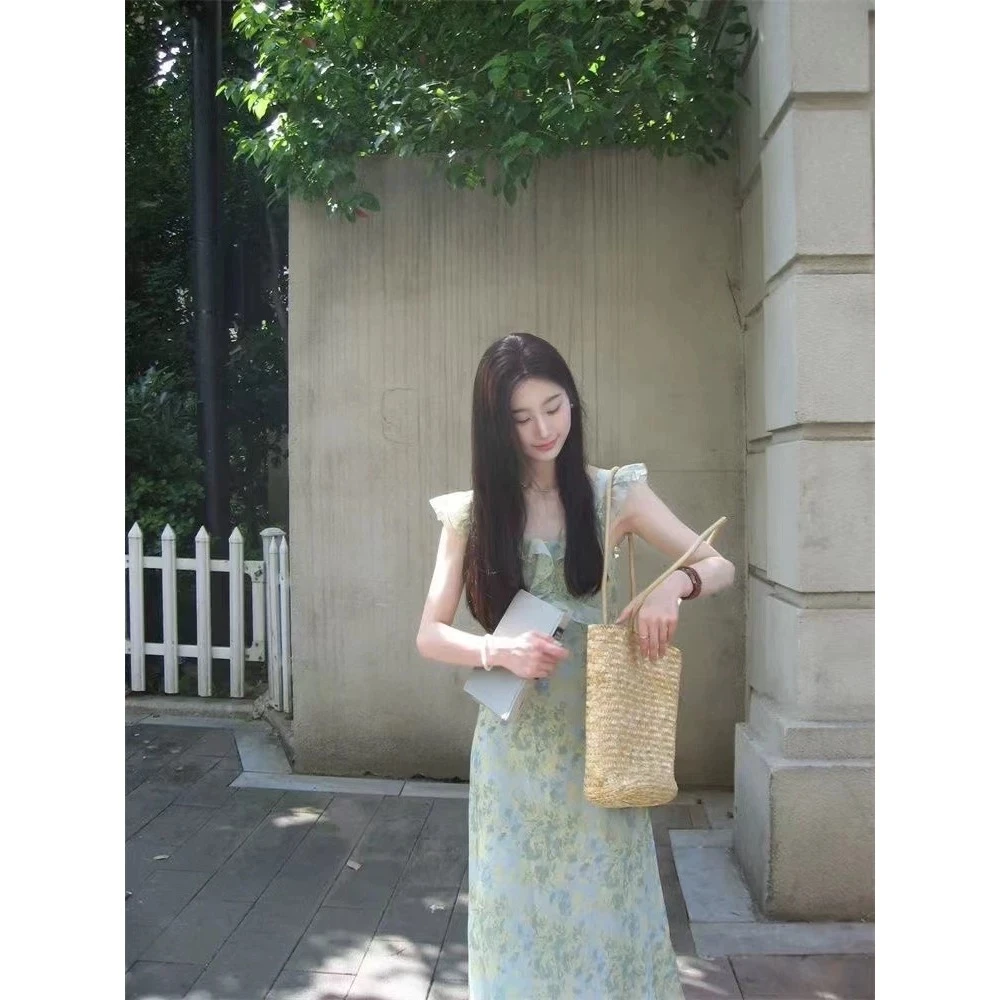 HJY绿色小飞袖碎花吊带连衣裙子女夏季精致法式无袖长裙C512