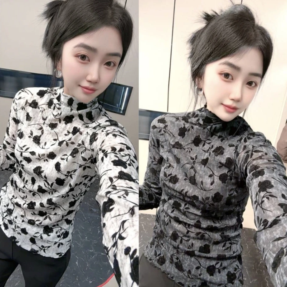 高级感植绒提花修身型女圆领丹宁风长袖T恤网红秋冬显瘦时尚上衣