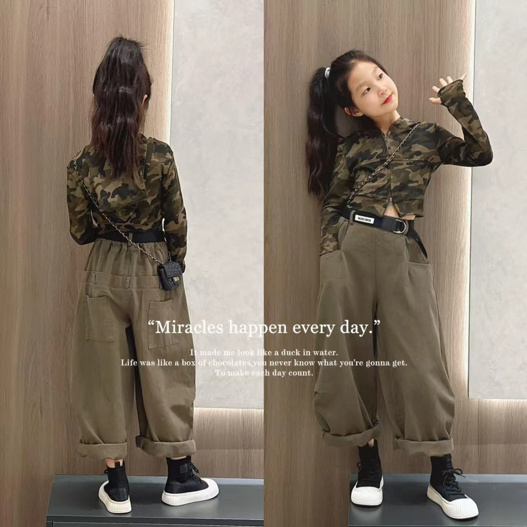 女童工装裤春秋款2025新款女大童弯刀阔腿裤儿童秋装休闲宽松裤