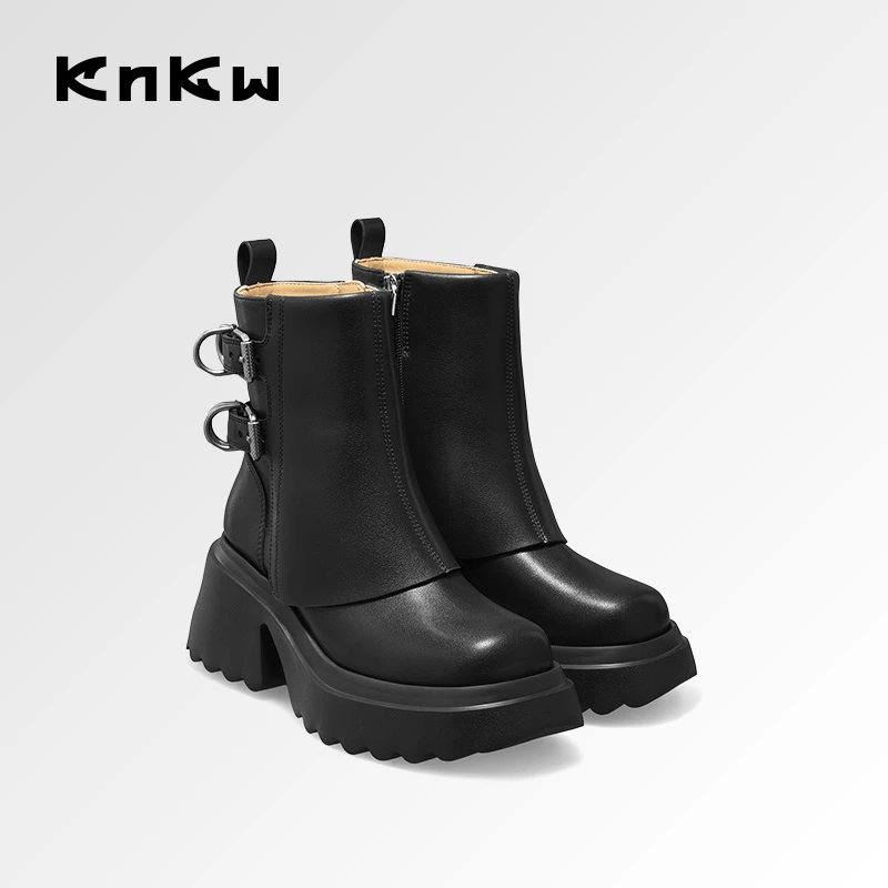 KNKW时尚马丁靴黑色厚底2025年流行百搭高跟时装粗跟W3713H160