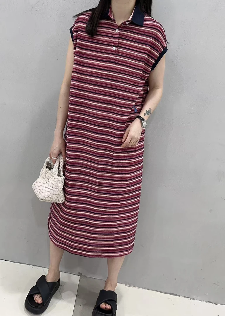 时尚气质宽松撞色polo领小翻领条纹中长款针织连衣裙