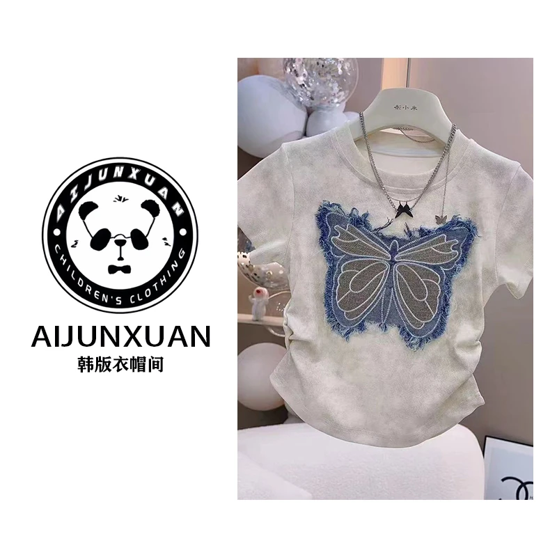 【现货】2025韩版女童夏装洋气短袖T恤夏季新款扎染褶皱时尚上衣