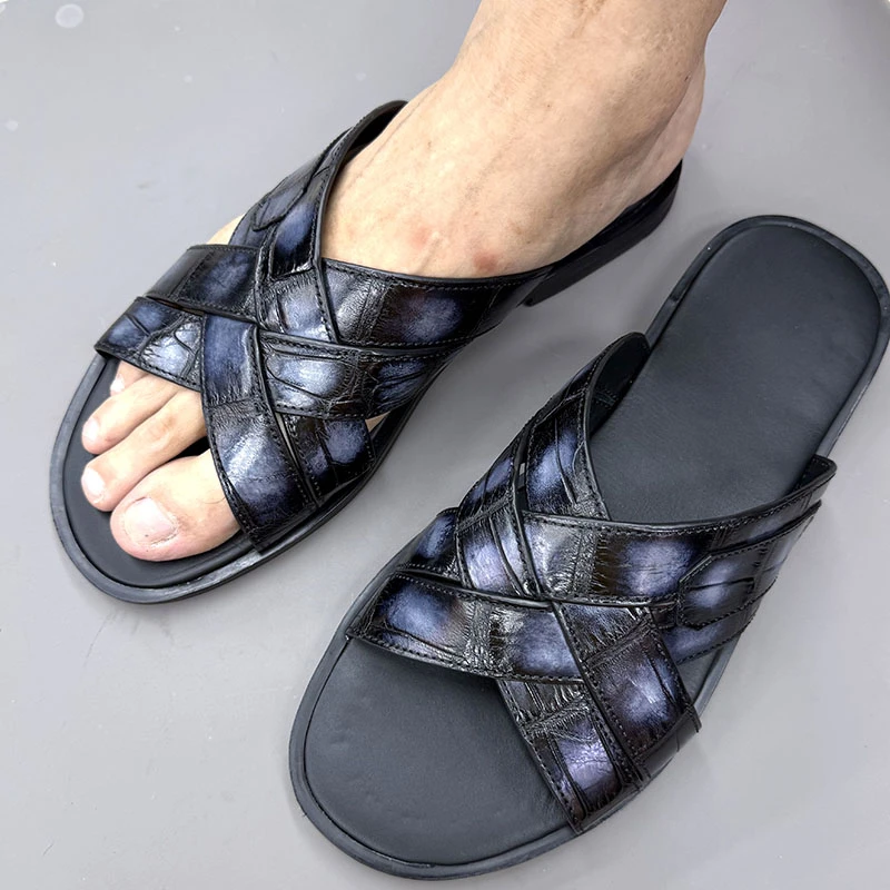 冉龙灯美洲鳄鱼皮手工擦色休闲黑色轻便透气男鞋拖鞋真皮大底