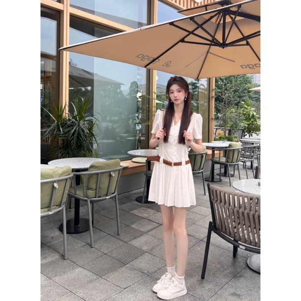 【思琦定制】学院修身气质高腰百褶显瘦连衣裙小个子学院风百搭时尚