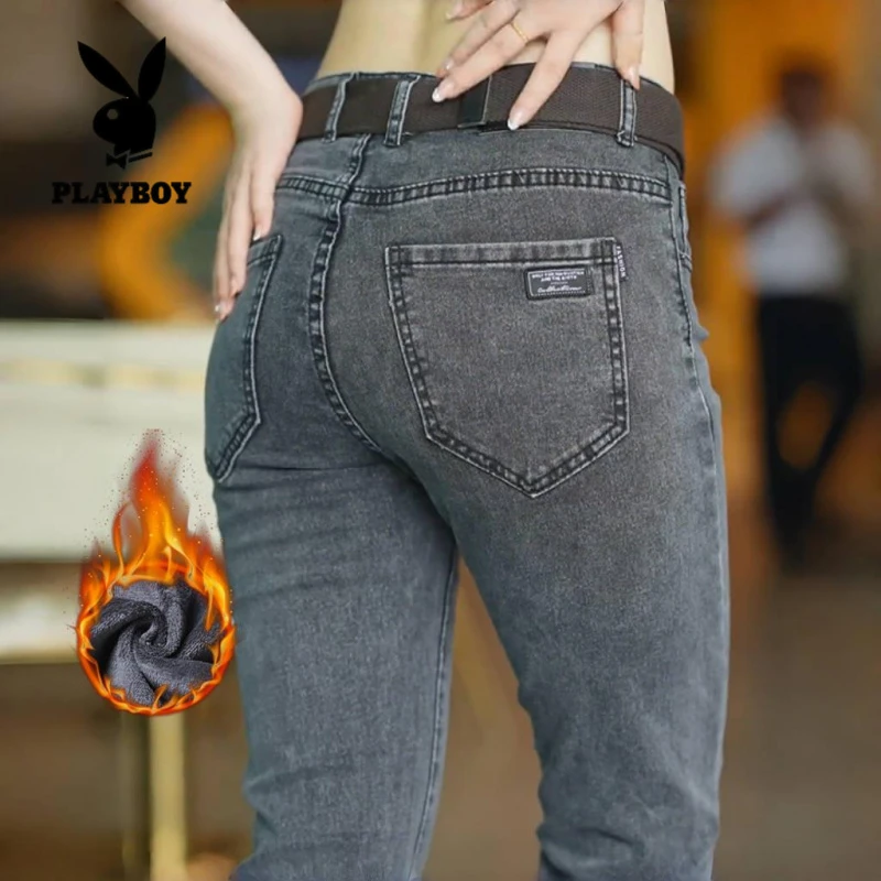 花花公子加绒加厚牛仔裤男士秋冬季修身小脚直筒弹力高端百搭长裤