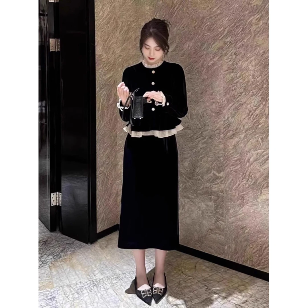 2025秋季新款女两件套时髦外穿小香风黑色高级感衬衫半身裙子套装