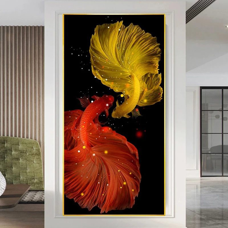 2025年入户玄关九鱼聚财晶瓷轻奢装饰画走廊过道挂画