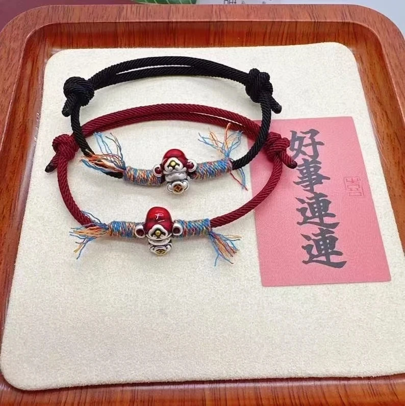 足银手链 隐山文创足银999纯银【钱币财神】手工编织红绳手绳本命年