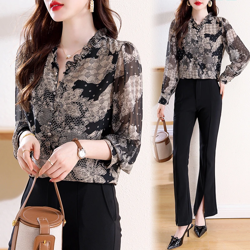 杭州大牌真丝衬衫女士长袖印花小衫夏季新款妈妈装高端桑蚕丝上衣