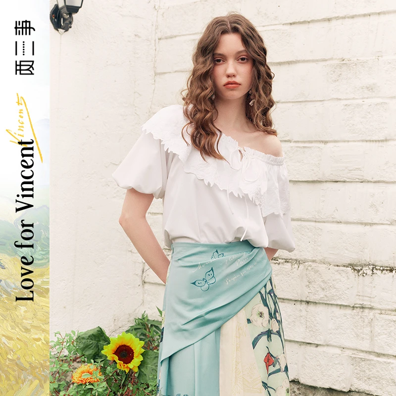 两三事梵高文艺香榭琉光甜美荷叶边一字肩领衬衫