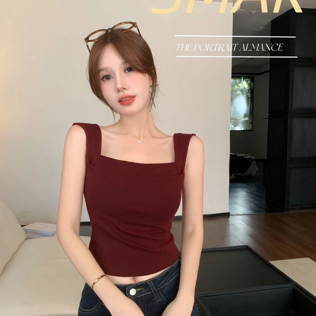 春夏纯棉双层直角肩带胸垫一字领背心内搭外穿修身显瘦内衣吊带女