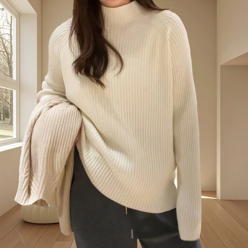大码秋冬季新款宽松休闲加厚慵懒风半高领纯色毛衣女气质针织上衣